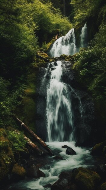 Una cascata nella foresta con un ramo di un albero sullo sfondo