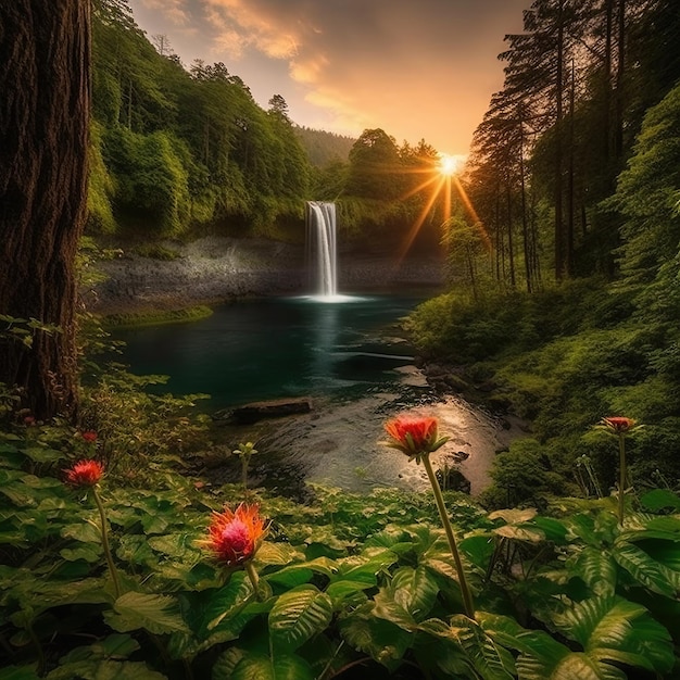 Una cascata nella foresta con un tramonto alle spalle