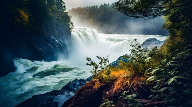 Una cascata nella foresta con una foresta sullo sfondo