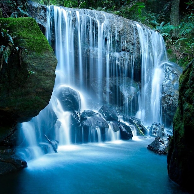 Una cascata nella foresta con uno sfondo blu