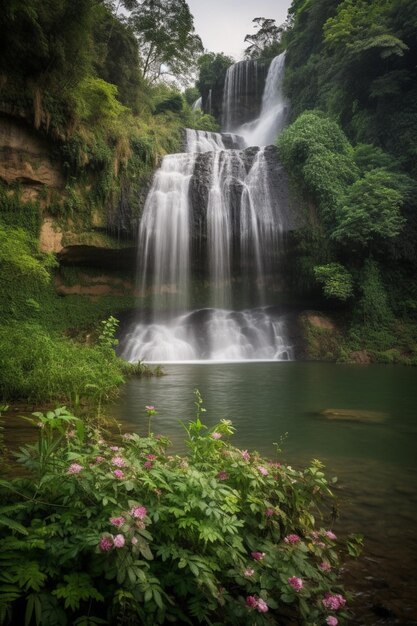 Una cascata nella foresta con uno sfondo verde e una pianta verde con sopra la parola cascata.