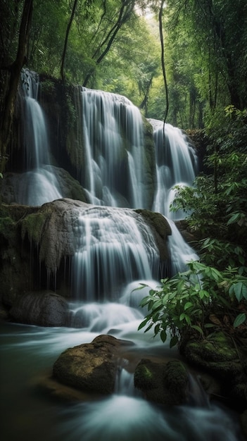 Una cascata nella foresta con uno sfondo verde