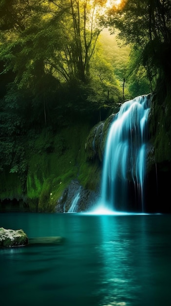 Una cascata nella foresta con uno sfondo verde