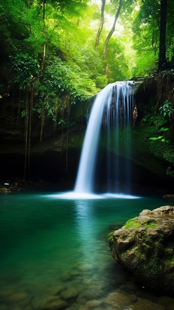 Una cascata nella giungla con piante verdi e uno sfondo verde.