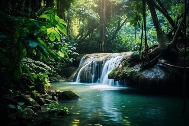 Una cascata nella giungla con una cascata sullo sfondo