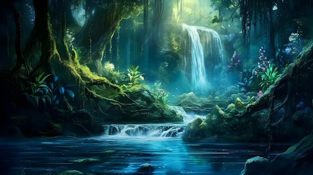 Una cascata nella giungla con una cascata sullo sfondo.