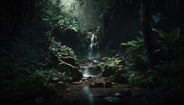 Una cascata nella giungla con uno sfondo verde.