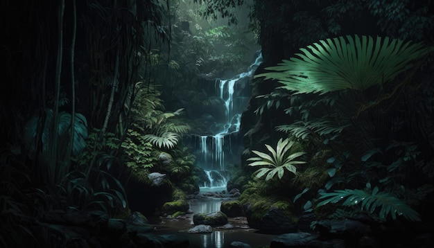 Una cascata nella giungla con uno sfondo verde.