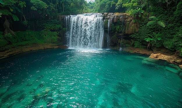 una cascata nella giungla è circondata da alberi e una piscina verde