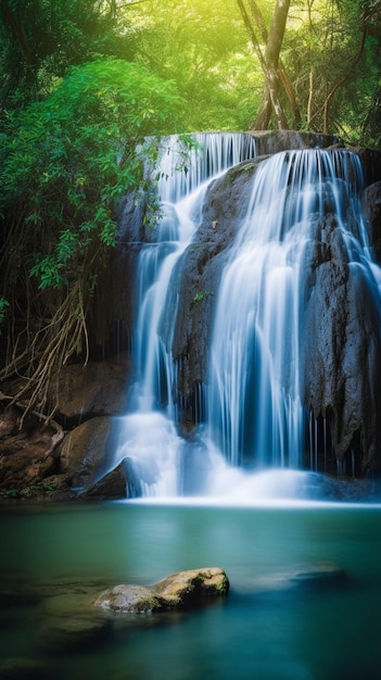 Una cascata nella giungla è circondata da piante verdi.