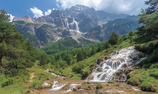 una cascata nelle montagne è sullo sfondo