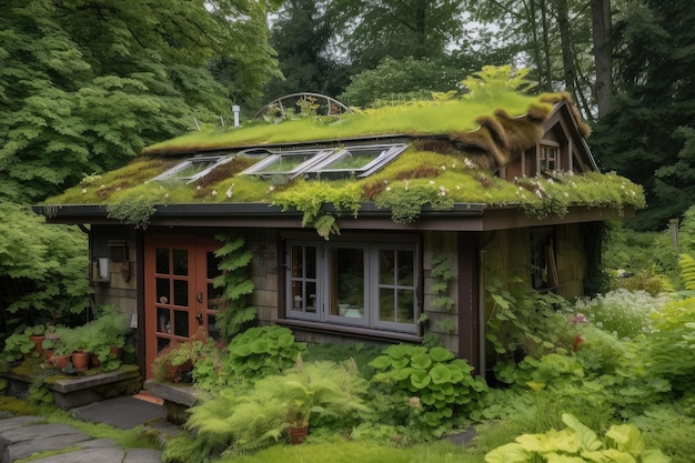 Una casetta da giardino con tetto verde circondata da una vegetazione lussureggiante