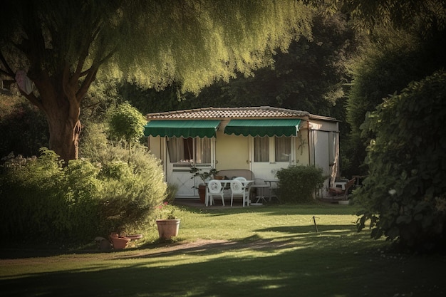 Una casetta in giardino con un tendone verde e una tovaglia bianca.