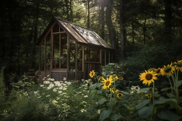 Una casetta nel bosco con i girasoli in primo piano.