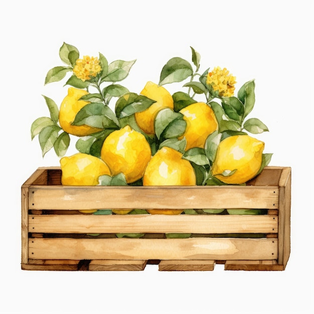 una cassa di legno di limoni e limoni con un fiore giallo al centro.