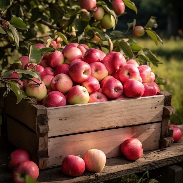 Una cassa di legno di mele rosse appena raccolte nel frutteto.