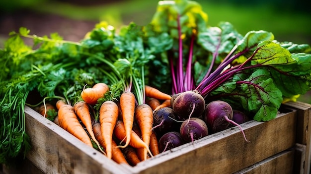 Una cassa di legno di verdure è piena di carote e barbabietole.