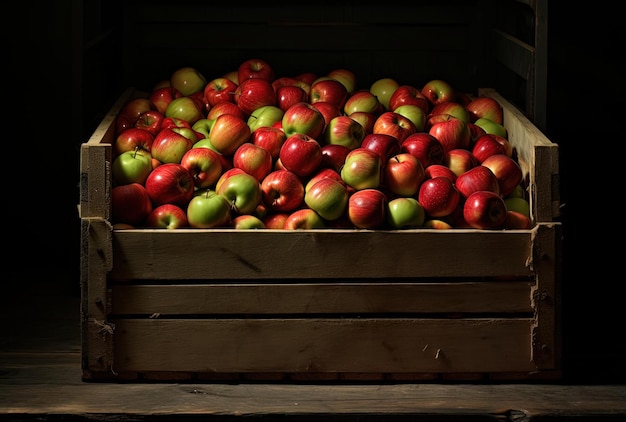 una cassa di legno piena di mele rosse nello stile di bronzo chiaro e verde