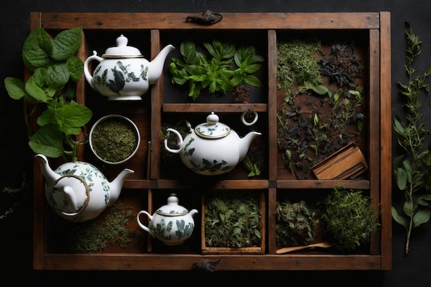 una cassapanca in legno con un assortimento di teiere, tazze ed erbe aromatiche