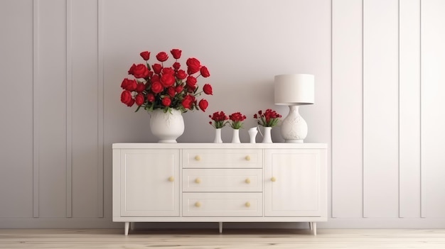 Una cassettiera bianca con rose rosse in vasi bianchi.