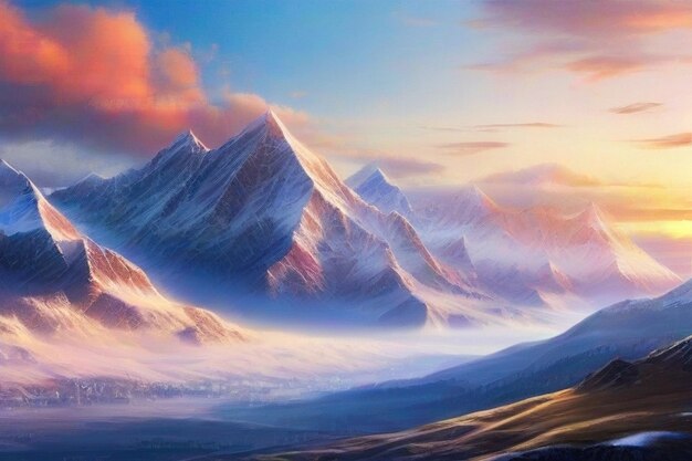 Una catena montuosa al tramonto di nevicate con tempo nebbioso paesaggio pacifico carta da parati