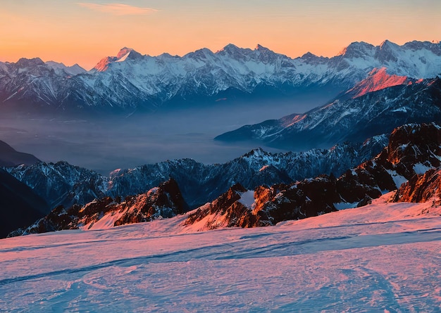 Una catena montuosa con montagne innevate sullo sfondo