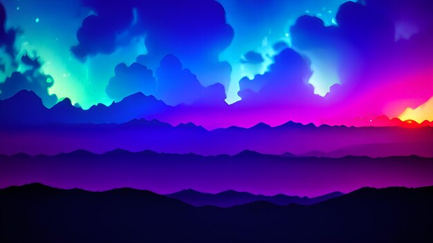 Una catena montuosa con nuvole colorate sullo sfondo