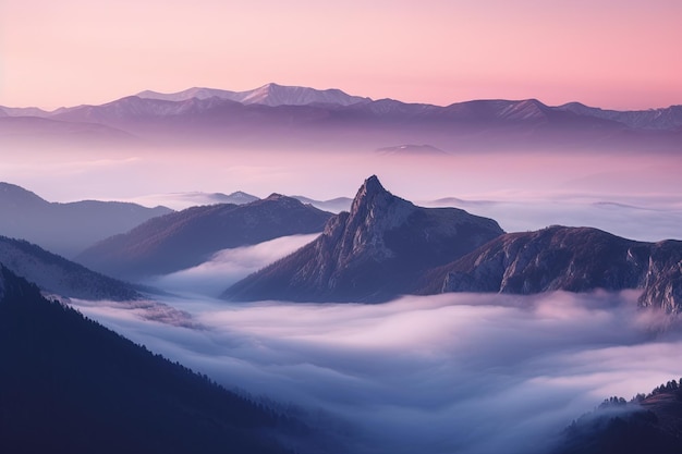Una catena montuosa è circondata da nuvole e nebbia.