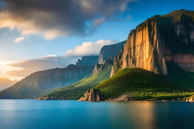 Una catena montuosa è circondata da un lago e il cielo è azzurro e il sole sta tramontando.