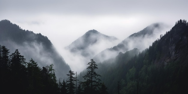 Una catena montuosa è coperta di nebbia e nebbia.