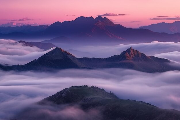 Una catena montuosa è coperta di nuvole con un cielo rosa sullo sfondo.