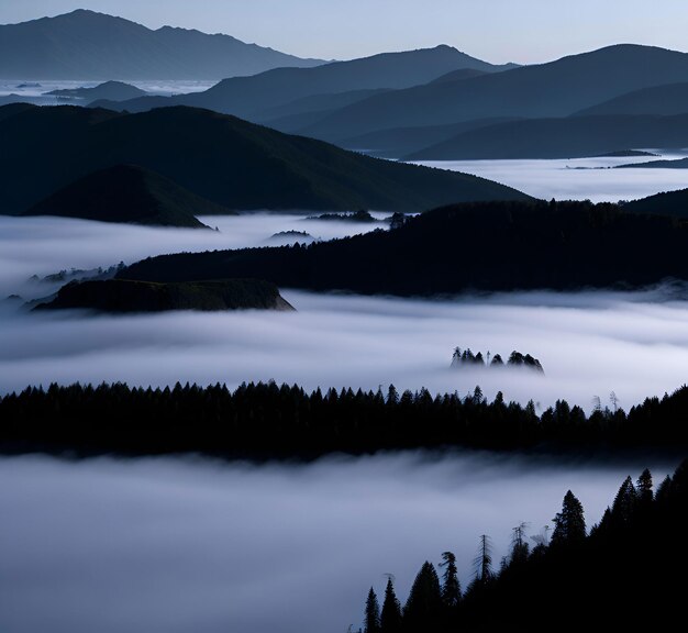 Una catena montuosa è coperta di nuvole e nebbia.