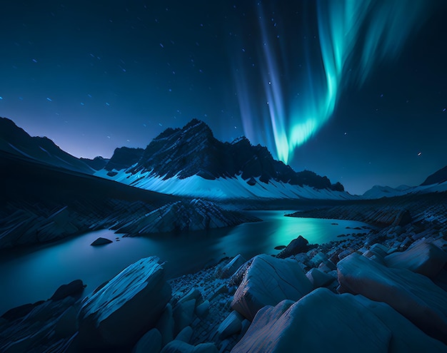 Una catena montuosa è illuminata dall'aurora boreale sopra di essa.