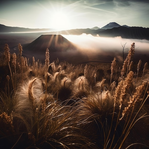 Una catena montuosa è visibile dietro un campo erboso con il sole che splende attraverso le nuvole.