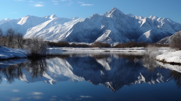 Una catena montuosa si riflette in un lago con montagne innevate sullo sfondo.