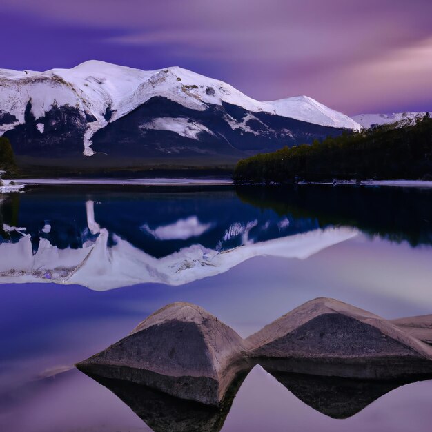 Una catena montuosa si riflette in un lago con un cielo viola e una montagna innevata sullo sfondo.