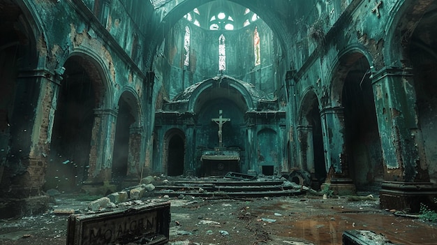 Una cattedrale abbandonata con affreschi sbiaditi sullo sfondo