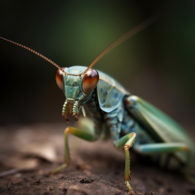 Una cavalletta con una faccia verde e blu è seduta a terra.