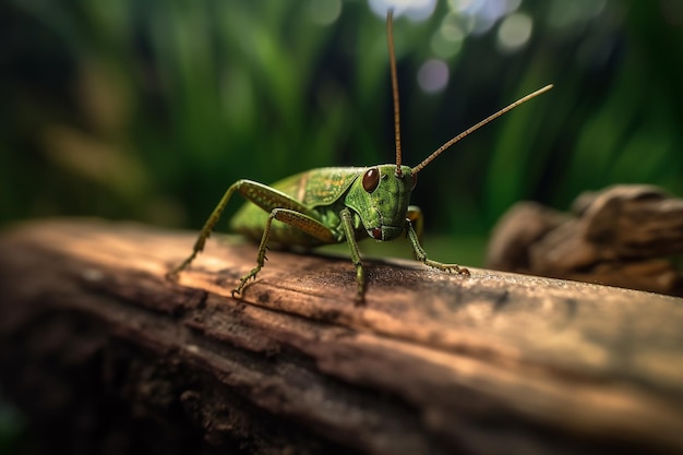 Una cavalletta si siede su un tronco nella foresta.