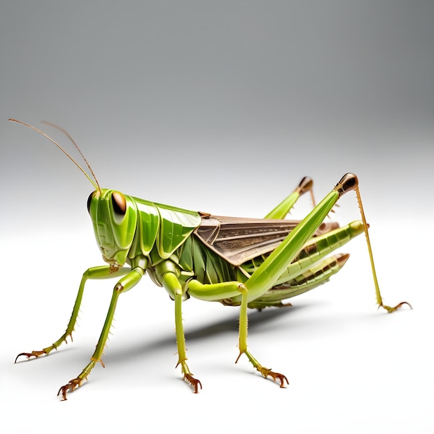 una cavalletta verde con uno sfondo bianco