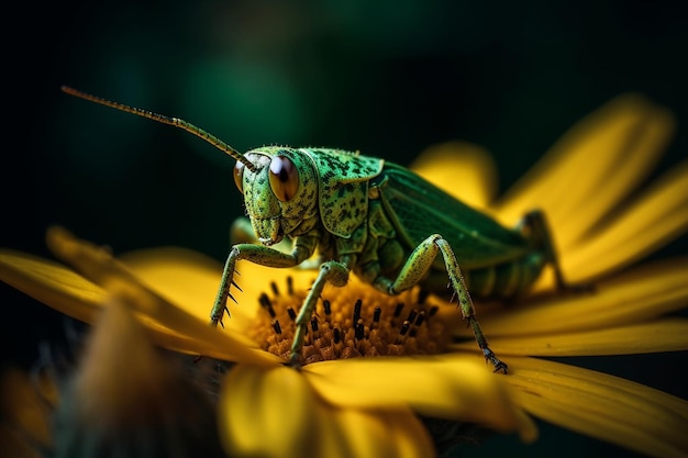 Una cavalletta verde si siede su un fiore.