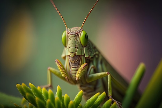 Una cavalletta viene catturata in primo piano su uno sfondo nebbioso mentre è appollaiata su uno stelo di una pianta verde