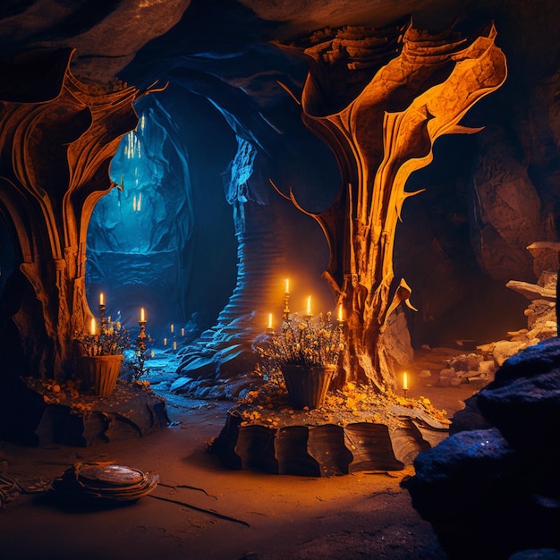 Una caverna buia con un albero illuminato e candele.