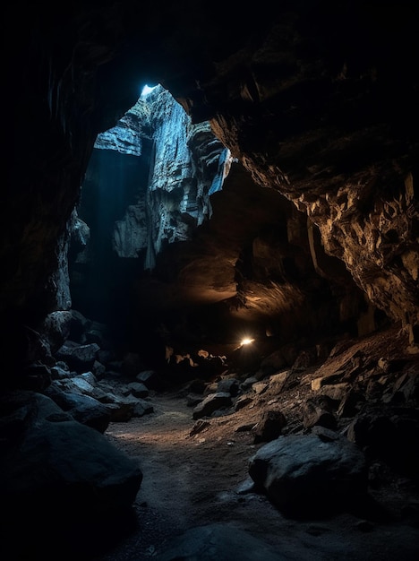 Una caverna buia con una luce sul soffitto e una luce sul soffitto