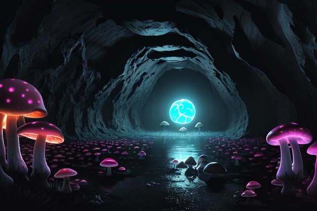 Una caverna buia con una luna blu e un fungo sul fondo.