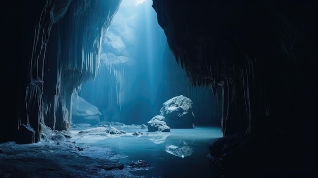 Una caverna con una luce blu e una luce che la attraversa