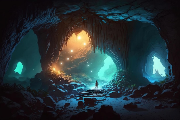 Una caverna con una persona in piedi dentro