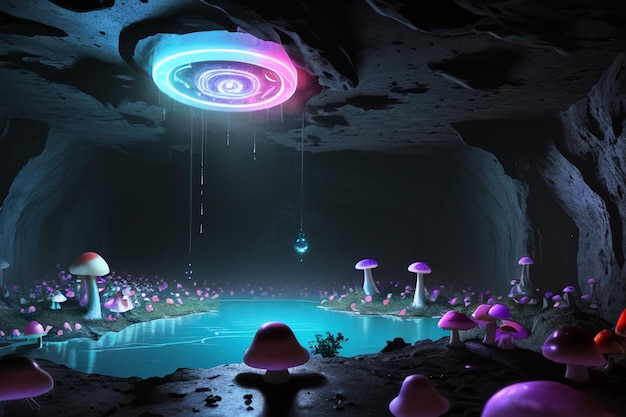 Una caverna di funghi con un fungo blu e viola sul fondo.