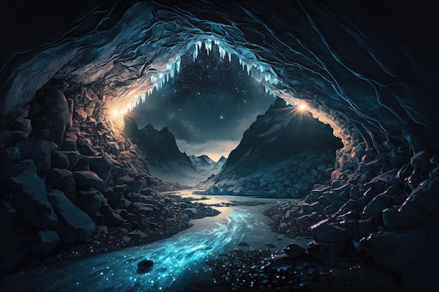 Una caverna ghiacciata attraversata da un fiume che illumina lo spazio con la sua superficie scintillante c