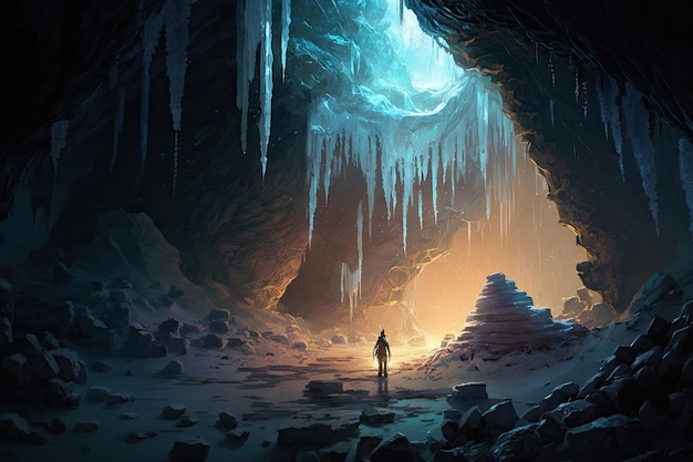 Una caverna ghiacciata con ghiaccioli appesi al soffitto che proiettano un bagliore sognante su tutto il creato